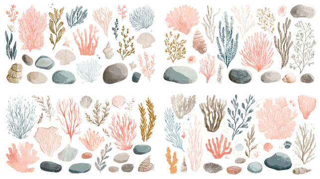 A watercolor collection of corals, stones, and marine plants in natural coastal hues. Ideal for underwater designs, decorative patterns, ocean illustrations, and nature artwork.