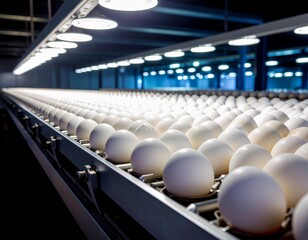 Fototapeta premium An industrial food processing conveyor belt in a poultry farm, the image show dozens of pristine eggs in a bright environment.