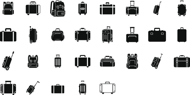 Collection of luggage and bags for travel and vacation in black silhouette style on a white background for graphic design