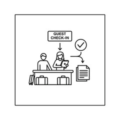 Guest checkin process at a reception desk with people, luggage, and documents icon