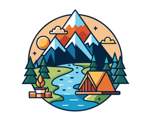 River Mountain Camping T-shirt Design – Outdoor Adventure, Tent, Campfire, Nature Landscape Illustration