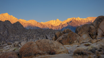 Golden View of Mount Whitney at Sunrise from Alabama Hills