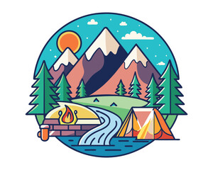 Sunrise Mountain Camping River T-shirt Design &ndash; Tent, Campfire, Nature Landscape, Outdoor Adventure