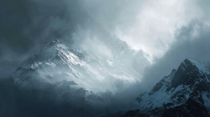 Majestic Mountain Peaks Under Dramatic Cloudy Sky with Snow-Capped Summits and Misty Atmosphere