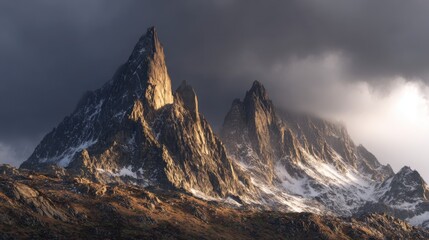 Obraz premium Majestic Mountain Peaks Under Dramatic Clouds and Soft Light During Golden Hour in a Remote Wilderness Landscape