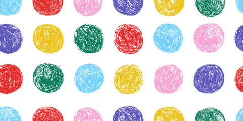 Seamless pattern with multicolored round shapes, hand drawn circles with wax crayon texture. Naive childish polka dot vector illustration, funny geometric print isolated on transparent background