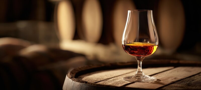 The Brandy Glass Resting on an Oak Barrel in a Dim Cellar