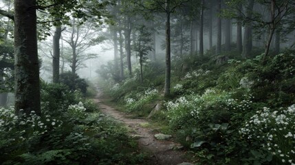 Fototapeta premium Serene Forest Pathway with Mist and Flowers in Lush Greenery Inviting Nature Lovers to Explore Tranquil Wilderness