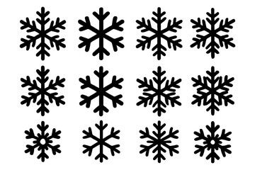 Set of twelve unique black snowflakes with diverse designs.