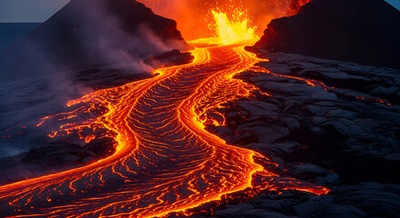 Lava Flow Eruption with Bright Orange Molten Lava and Dark Volcanic Landscape