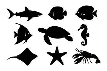Fototapeta premium Silhouette collection of marine animals including shark, turtle, seahorse, and lobster.