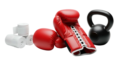 Red boxing gloves with wraps and a kettlebell on a black background