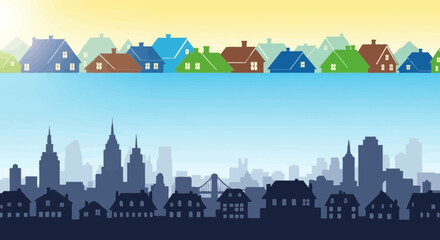 Illustration of suburban houses above a city skyline with vibrant colors in a flat design