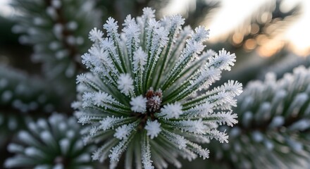 Close-up of frosted evergreen needles, showcasing intricate ice crystals and winter's beauty.