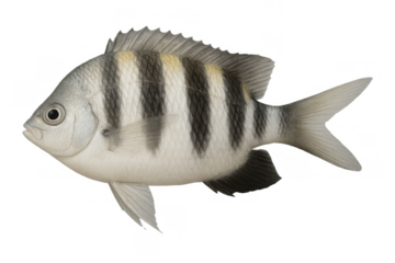 Sergeant major damselfish (abudefduf saxatilis) isolated on a transparent background, tropical striped marine animal