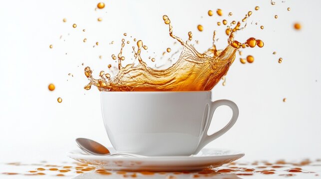 The dynamic splash of aromatic coffee from a cup creates an effect of energy and vigour — the perfect atmospheric backdrop for advertising morning drinks or coffee shops.