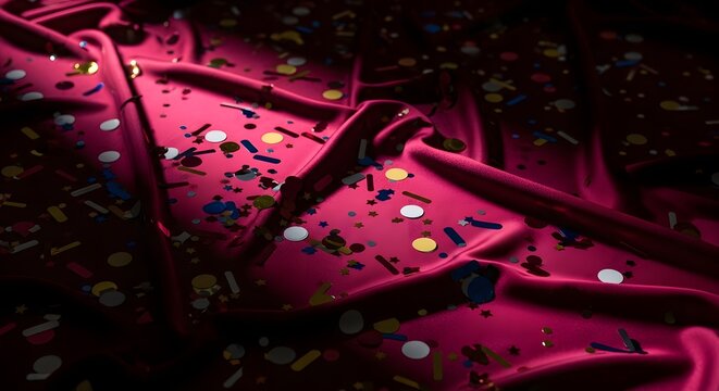 Close-up of magenta fabric with folds and scattered colorful confetti, creating a festive and textured background.
