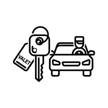 Valet parking service icon with car key, valet tag, and a driver in a car, line art illustration