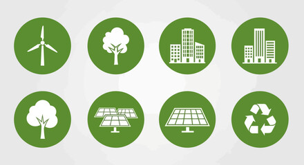 Renewable energy and environmental sustainability icons in circle format for eco concept