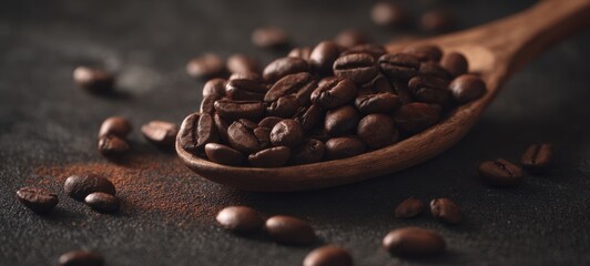 The Coffee Beans on a Wooden Spoon with Rustic Dark Background and Ground Coffee