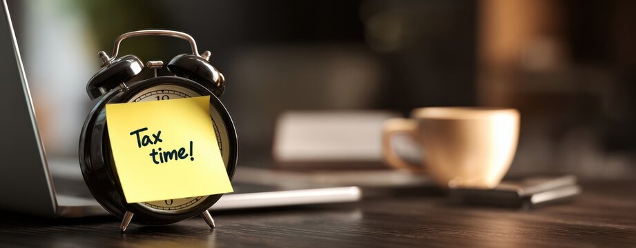 The alarm clock with tax reminder note on desk near laptop and coffee