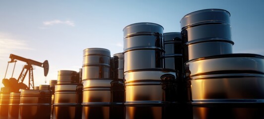 The Oil Barrels Stacked at Sunset with Pumpjack Silhouette and Reflective Surface