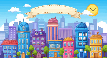 Cartoon city illustration with colorful buildings, banner and smiling sun character