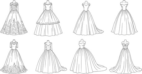 Vector illustrations of eight wedding dress designs on mannequins featuring varied necklines, sleeves, bodices, and skirt styles