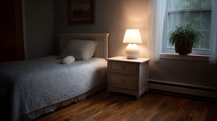 Cozy bedroom interior with a lit bedside lamp and plant by the window