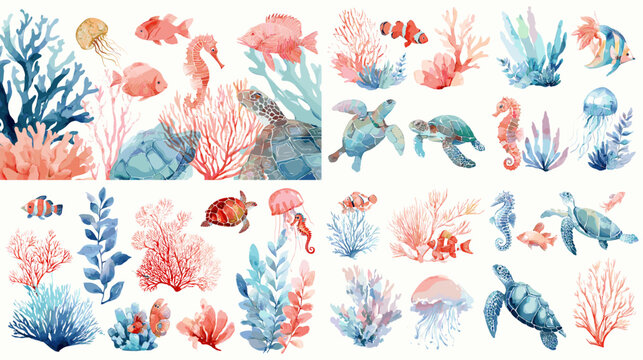 A beautiful watercolor set of marine animals, corals, and sea plants in soft blue and coral hues. Ideal for underwater illustrations, ocean decor, kids themes, and coastal artwork.