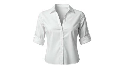 Crisp white, tailored women's button-down shirt with 3/4 sleeves, isolated on black