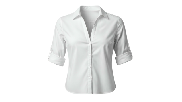 Crisp white, tailored women's button-down shirt with 3/4 sleeves, isolated on black