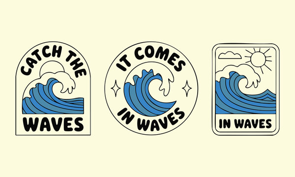 Retro Blue Wave Graphic Patch and Sticker Set, Perfect for t-shirt print, posters, and other surfing related designs, vector, illustration.