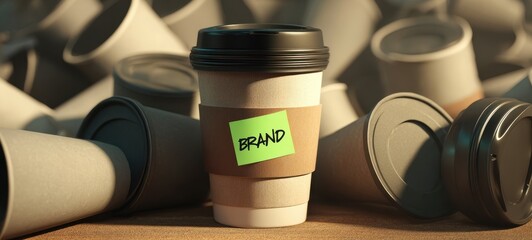 The Coffee Cup with Branded Sticky Note Surrounded by Disposable Cups