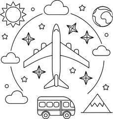 Line art illustration of airplane bus and landscape elements representing travel and adventure suitable for coloring books and design projects