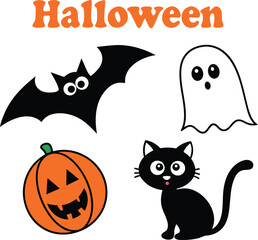 Cute halloween illustrations with a bat ghost pumpkin and black cat perfect for spooky season designs and festive holiday projects with a fun and playful touch