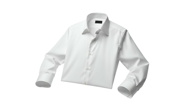 Crisp white, button-down dress shirt isolated on a black background, with visible details