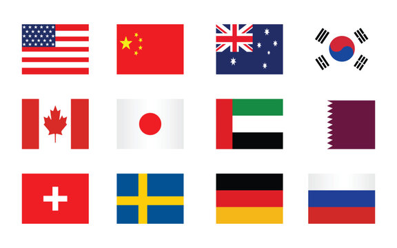 Set of 12 national flags of developed and economically established countries in a vector style.