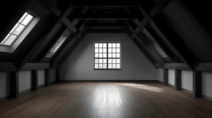 Atmospheric dimly lit rustic wooden attic interior featuring exposed structural beams slanted ceilings and abundant natural light from large and