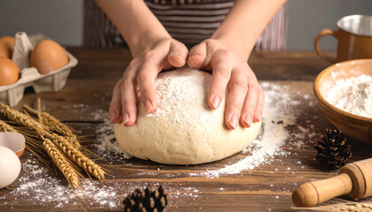 Woman kneading dough on wooden table preparing bread baking ingredients