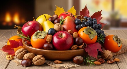 Abundant harvest display of assorted fresh fruits in a rustic wooden bowl