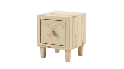 Light wood bedside table with a single drawer and simple legs, isolated on black
