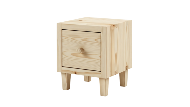 Light wood bedside table with a single drawer and simple legs, isolated on black