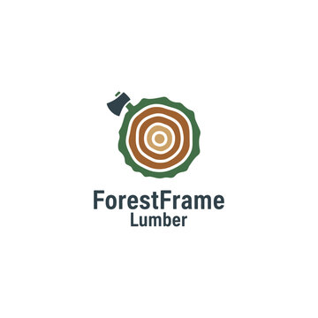A clean lumber logo featuring a tree log cross-section with an axe, symbolizing craftsmanship, timber work, and ForestFrame&rsquo;s wood-focused identity.