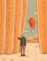 Opening a curtain reveals a landscape