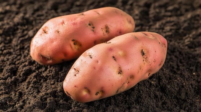 Video A pair of potatoes sitting on top of a pile of dirt, with earthy undertones