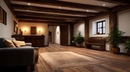 A warm and rustic interior room with exposed wooden beams traditional furniture and cozy lighting