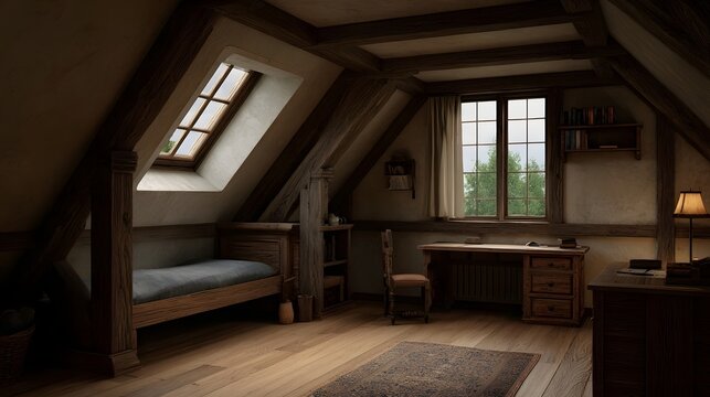 Rustic attic room with wooden beams a cozy bed and a desk near a window at twilight