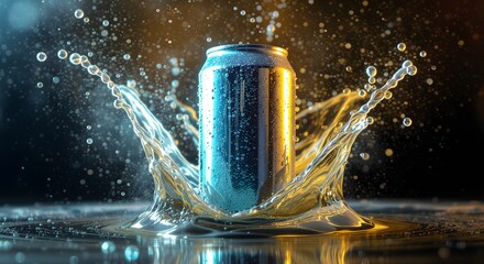 High Energy Splash Impact Around Cold Metallic Beverage Can with Dynamic Water Bursts and Vibrant Bokeh Reflections Creating a Refreshing Commercial Visual Scene