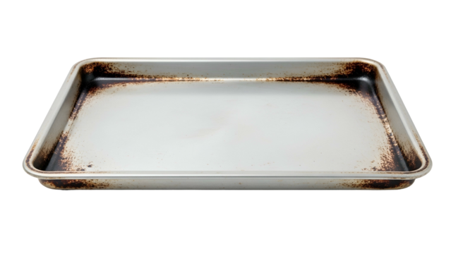 Used, rectangular metal baking sheet, showing wear and staining on its interior